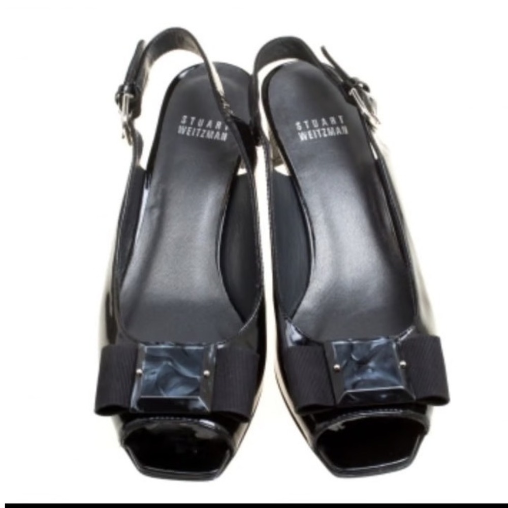 Stuart Weitzman Black‎ Patent Leather Peep Toe Slingback Heels Size 8.5 M